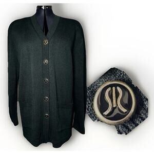 VTG San Remo By Laura Knits XL‎ Tall Sweater Black Cardigan Gold Deco Buttons